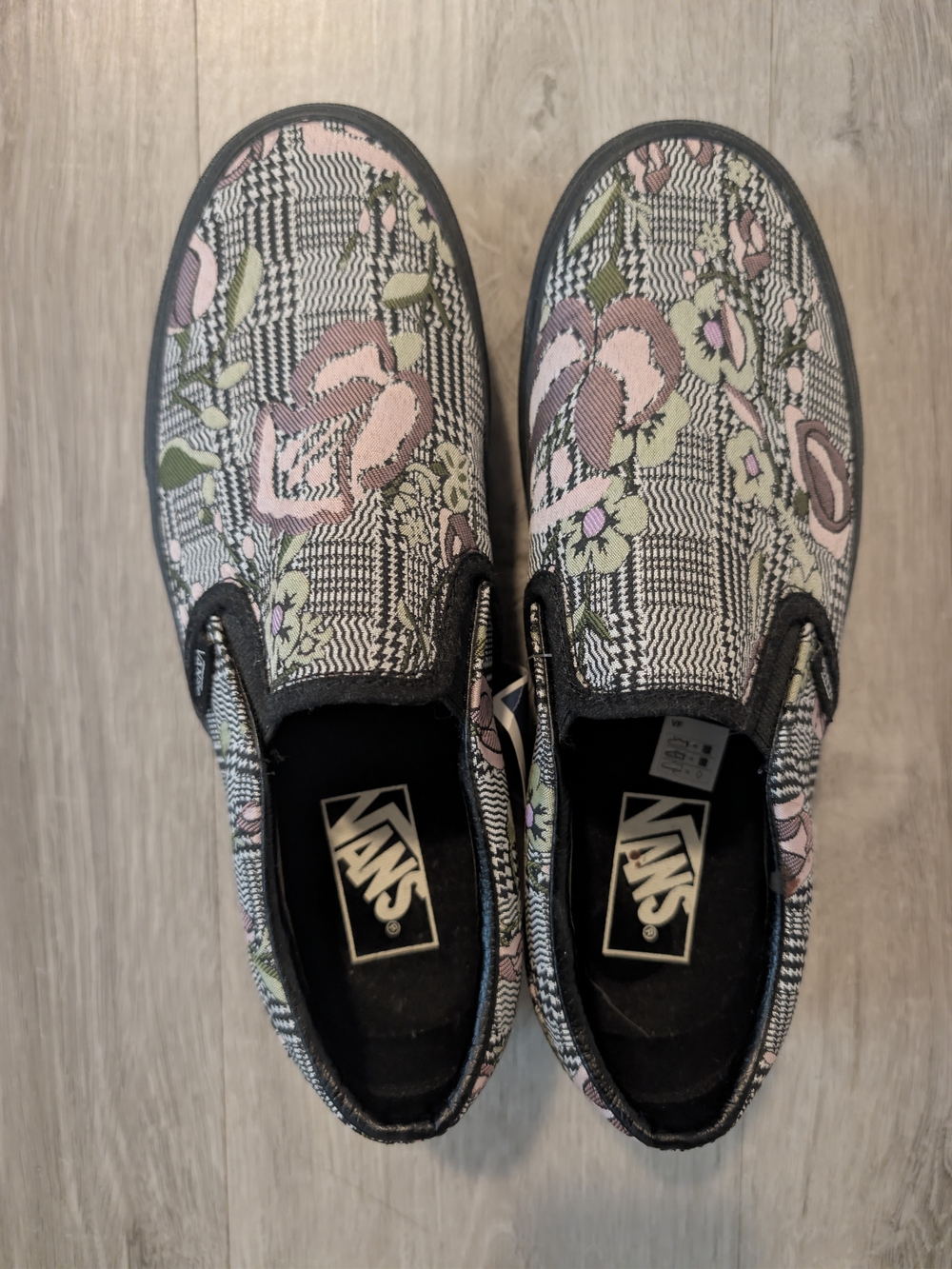 Vans Women's Black Plaid Slip-On Platform Sneakers with Pink Floral Accents